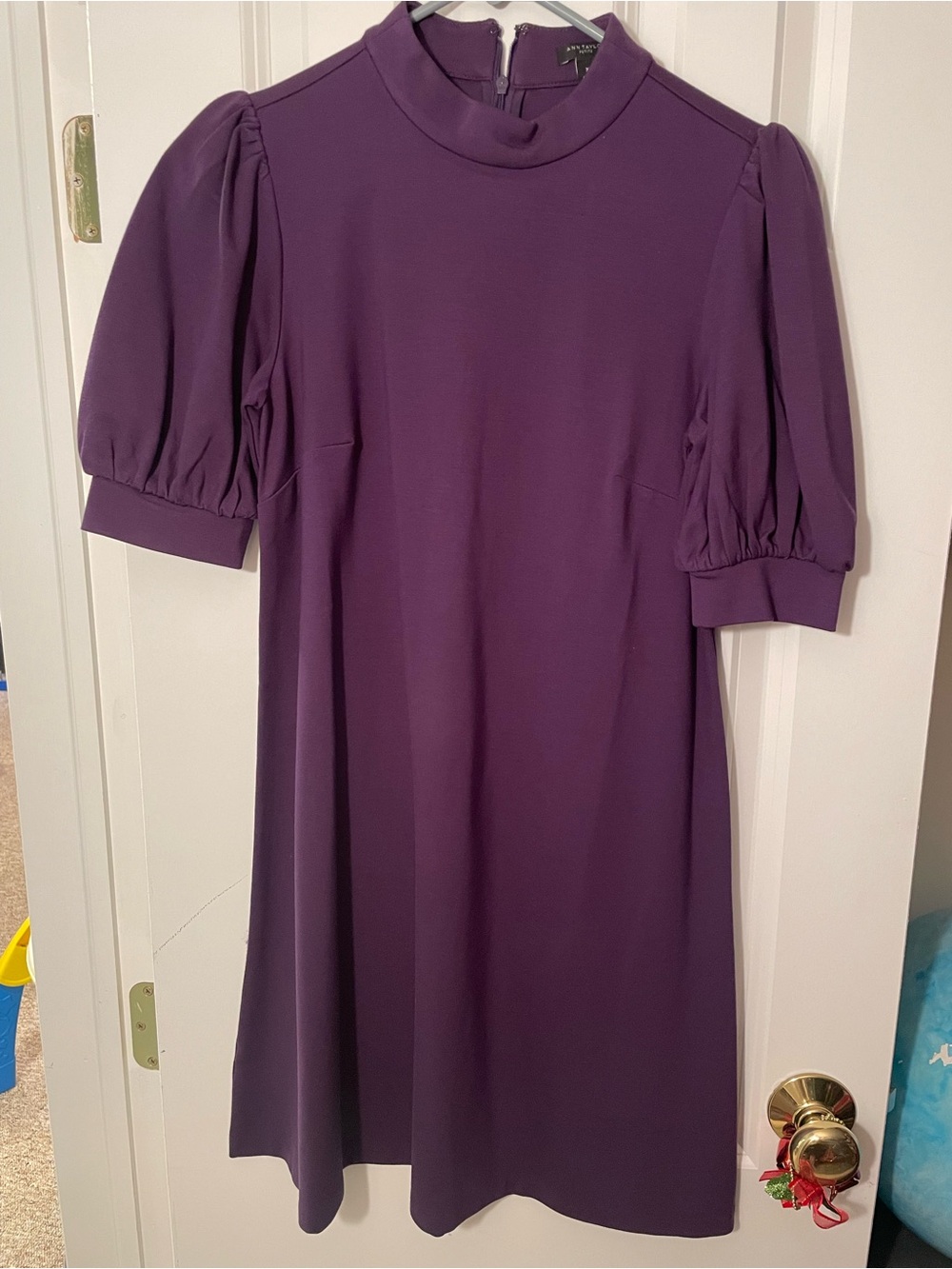Ann Taylor Deep Purple Mini Dress with Puff Sleeves